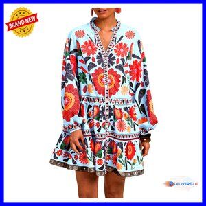 Floral Print Summer Dress Boho Beach Long Sleeve Button Down Flowy Smock
